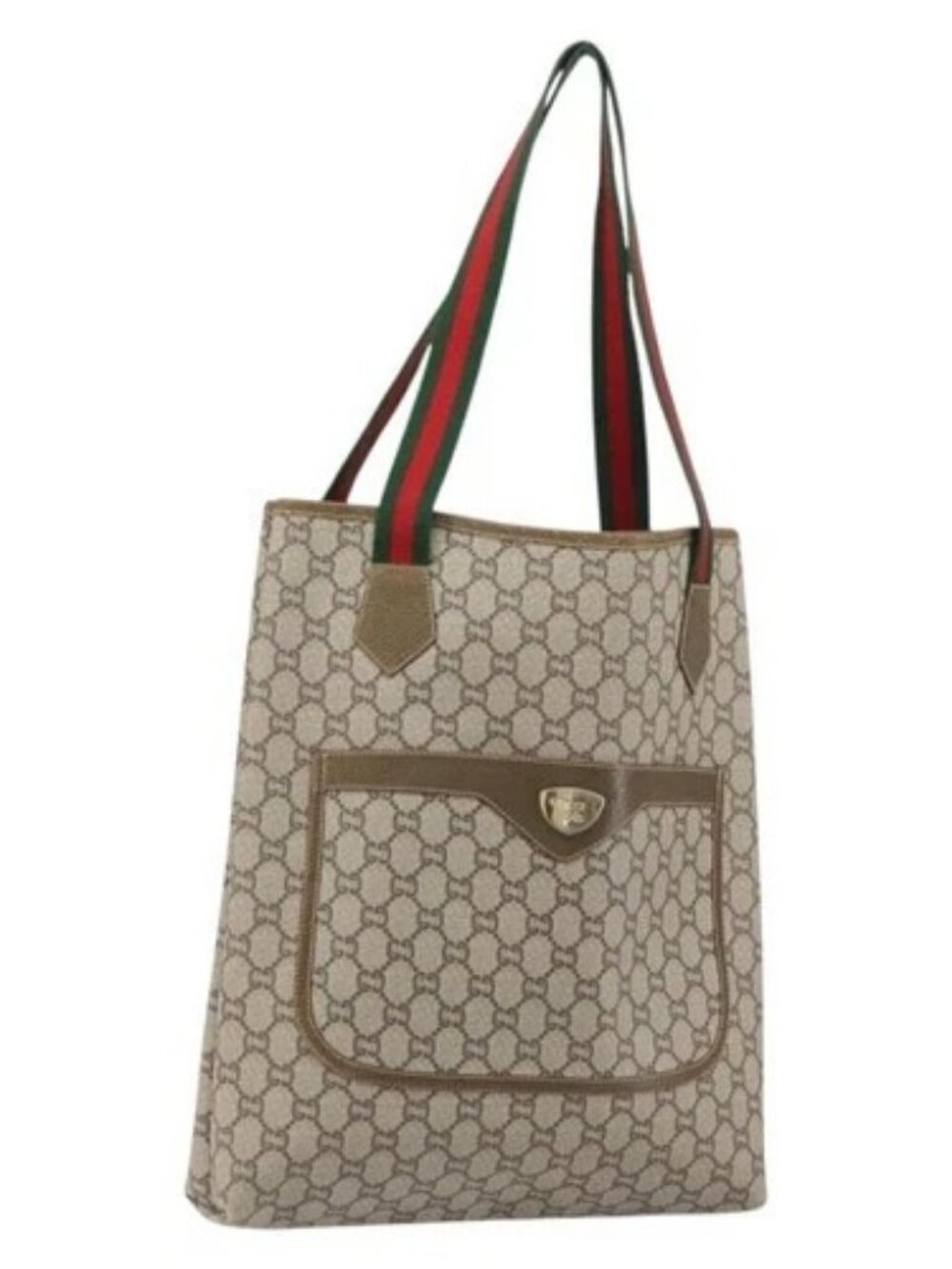 GUCCI GG Plus Supreme Web Sherry Line Tote Bag PVC Beige Gold Auth ka1861 - Picture 1 of 16